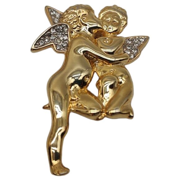Kissing Angels Gold Tone Pin Sarah Coventry Frosted Strawberry Brooch with Ruby - Picture 8 of 14